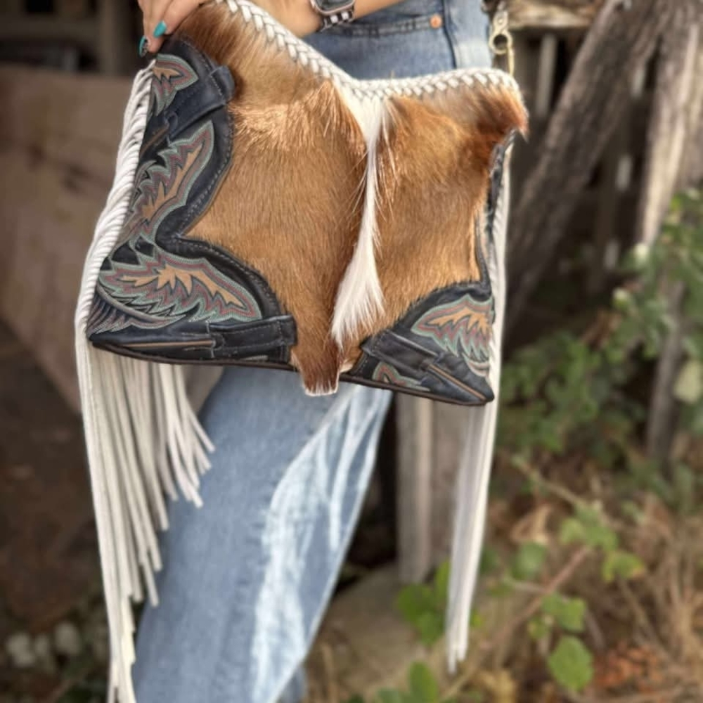 Fringe Springbok Hair On Hide Crossbody Bag in Brown and White